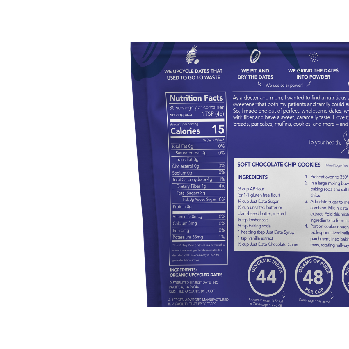 Back of a package with nutritional information and ingredients listed