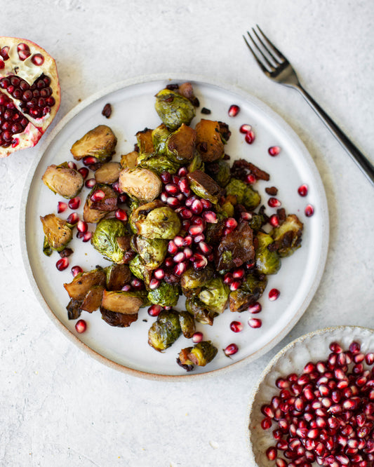 Caramelized Brussels Sprouts with Pancetta, Dates, + Pomegranates