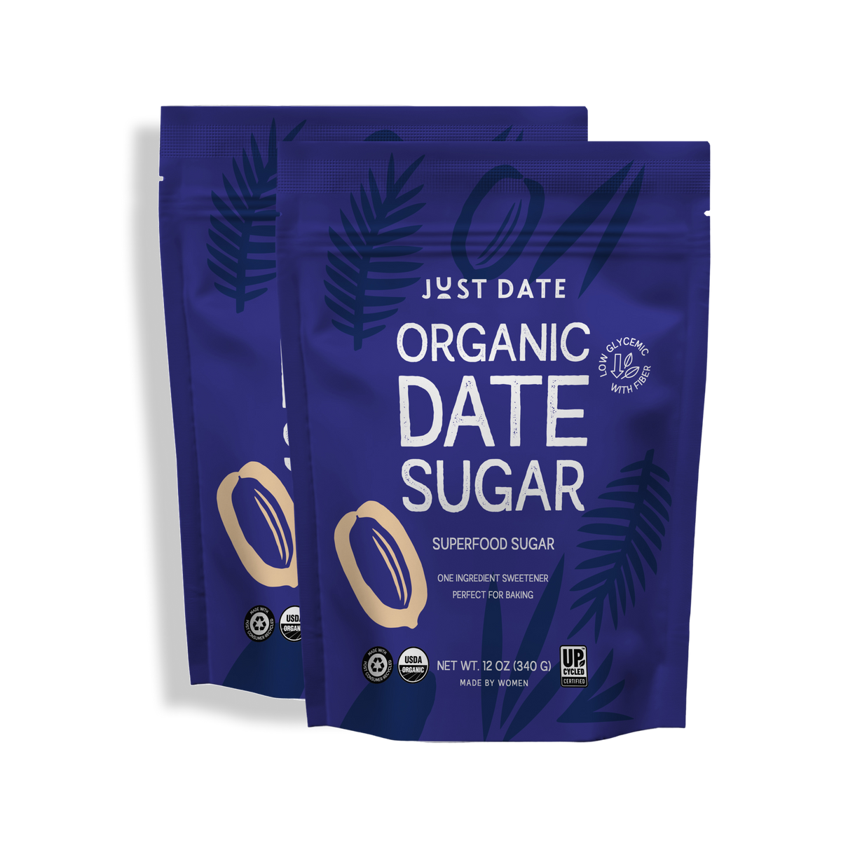 Two packages of Just Date Organic Date Sugar on a white background
