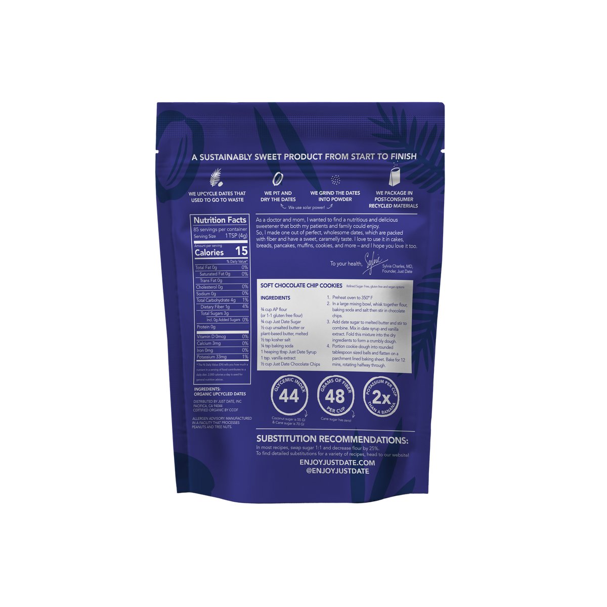 Purple package with nutritional information on a white background