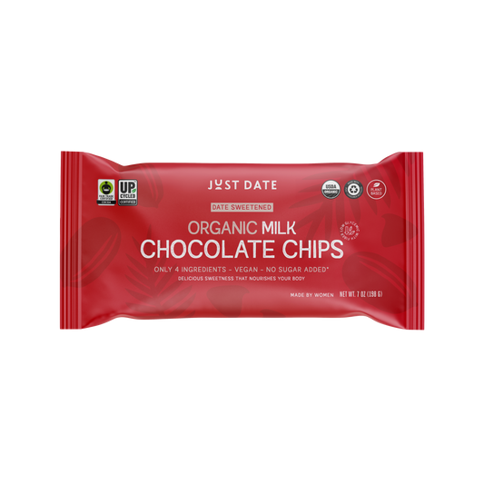 A red package of Just Date organic milk chocolate chips with product information displayed.