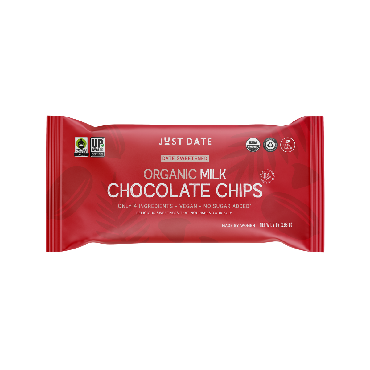 A red package of Just Date organic milk chocolate chips with product information displayed.