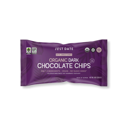 A package of Just Date Organic Dark Chocolate Chips, with branding and product information displayed on the front.