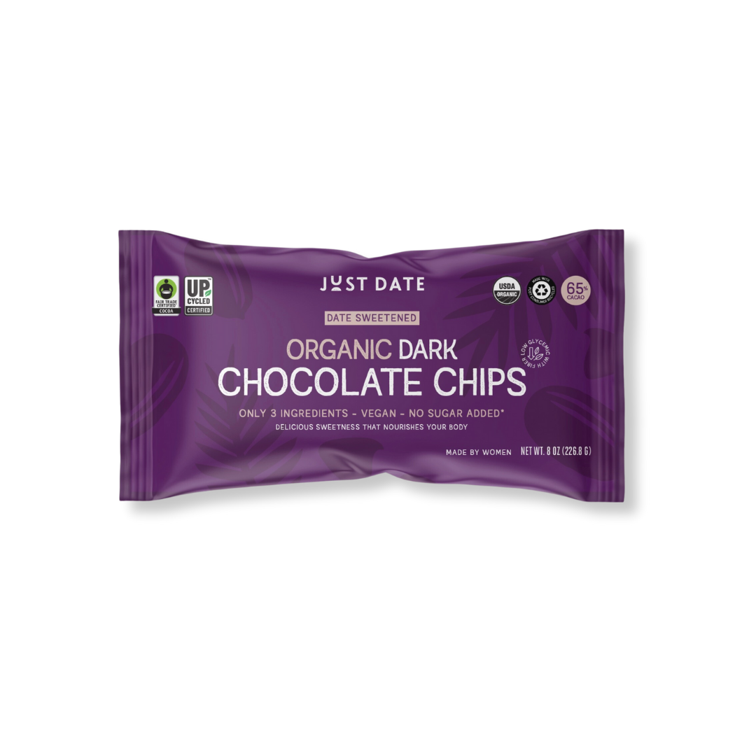 A package of Just Date Organic Dark Chocolate Chips, with branding and product information displayed on the front.