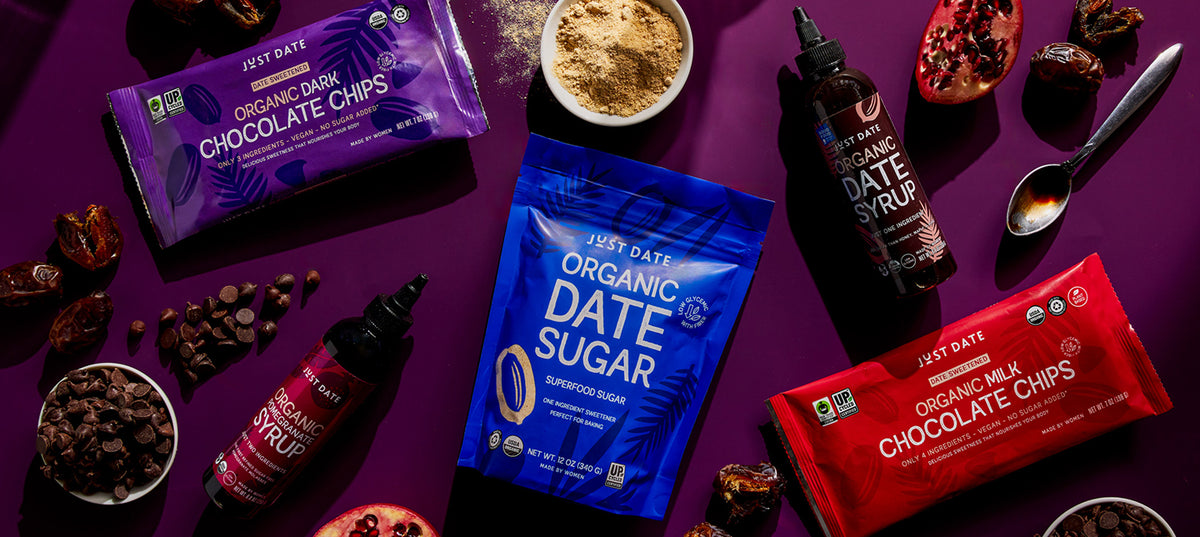 Just Date product lineup featuring Date Syrup, Chocolate Chips, Date Sugar, and Pomegranate Molasses